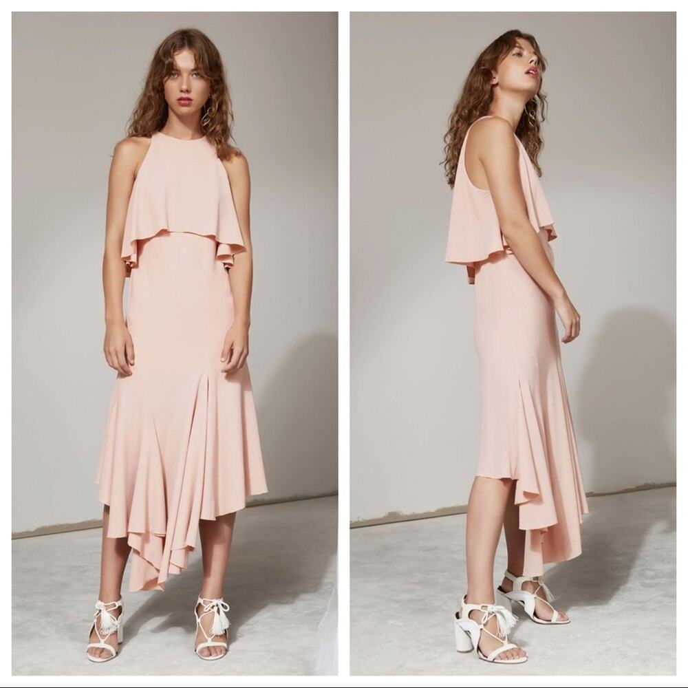 C/MEO COLLECTIVE Divergent Overlay Asymmetrical Midi Dress In Dusty Pink Size M